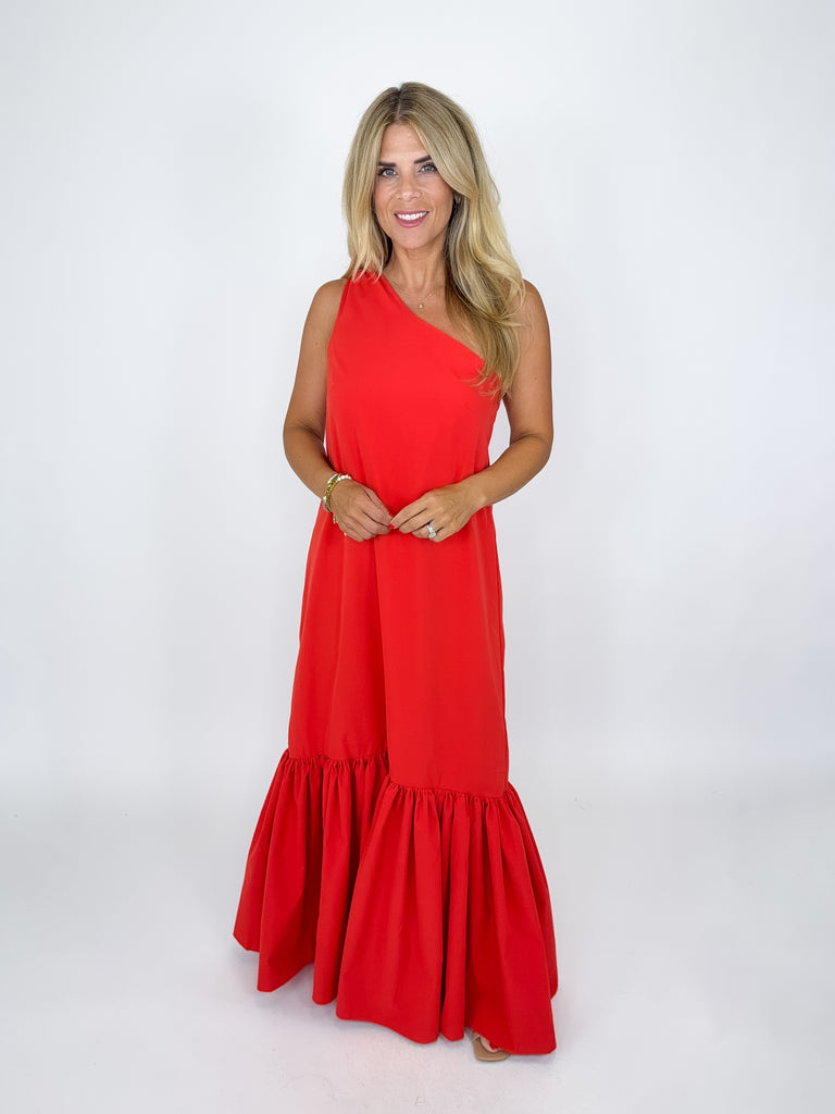 kira maxi dress in tomato red The Kira Maxi Dress in Raisin  Solace London
